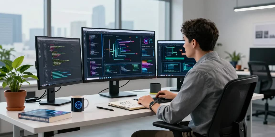 Dynamic workspace showcasing advanced machine learning tools with data visualizations and coding setups
