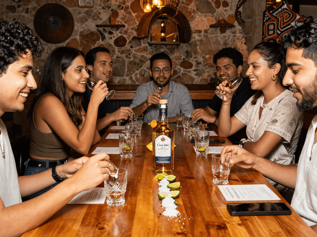 Friends enjoying Clase Azul Tequila in an elegant bar, celebrating with laughter and intricate glassware.