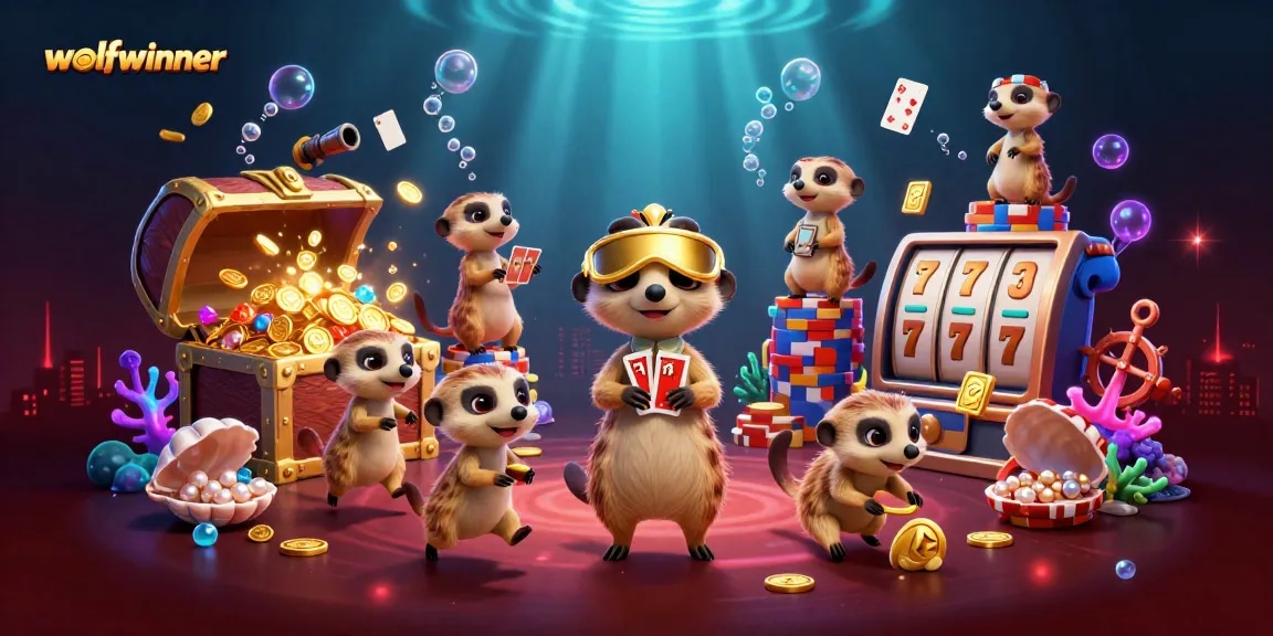 wolfwinner showcases meerkats managing a vibrant casino, featuring colorful elements like slot machines.