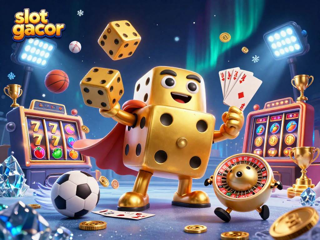 Play slot gacor with dynamic golden dice characters in a vibrant casino scene