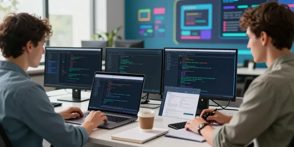 Developer engaged in instant indexing software development at a modern workspace.