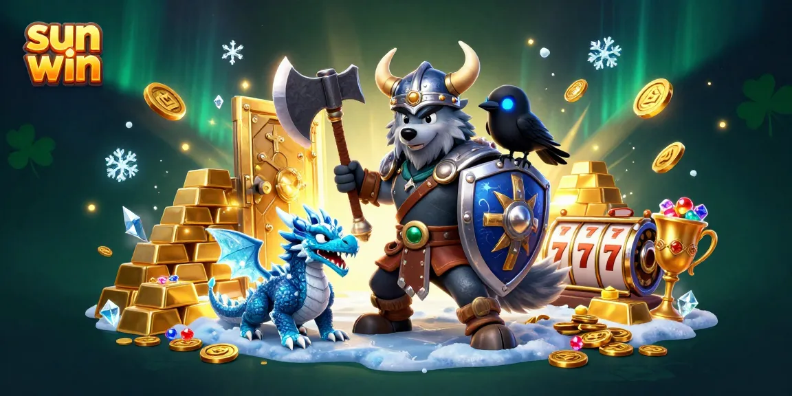 Experience sun win adventures with a Viking wolf warrior amidst treasures and slot reels.