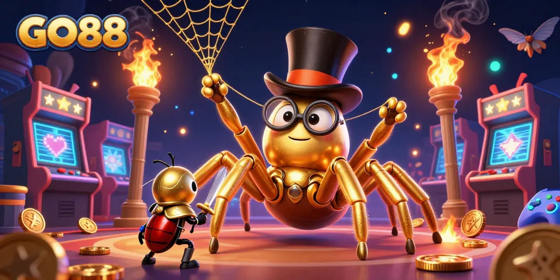 GO88 engages players in a vibrant casino atmosphere with a giant golden tarantula weaving golden webs, illustrating the excitement of online gambling.