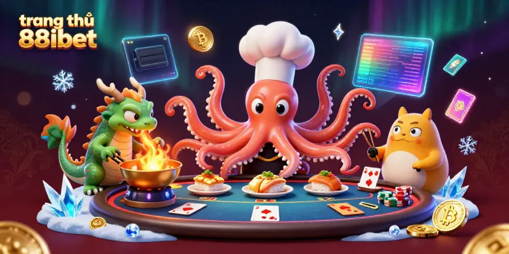 Experience the excitement at trang chủ 88ibet with a vibrant casino scene featuring characters, poker elements, and crypto coins.