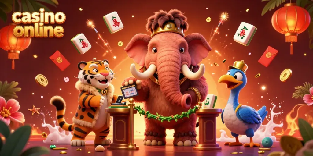 Experience the excitement of casino online with a vibrant 3D illustration of a mammoth bouncer, VIP saber-tooth guest, and dodo doorman.