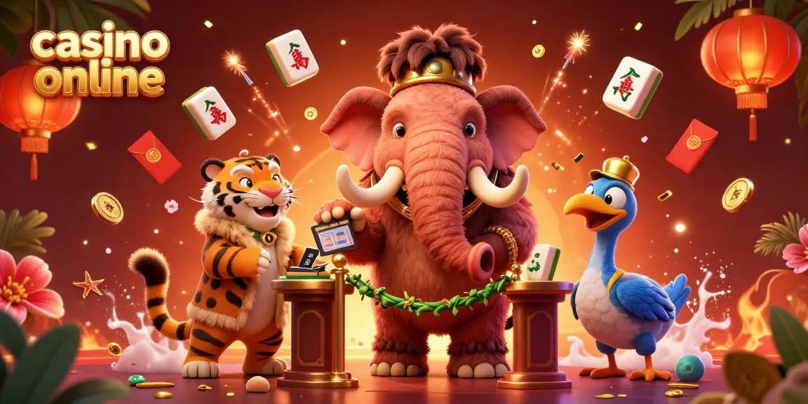 Experience the excitement of casino online with a vibrant 3D illustration of a mammoth bouncer, VIP saber-tooth guest, and dodo doorman.