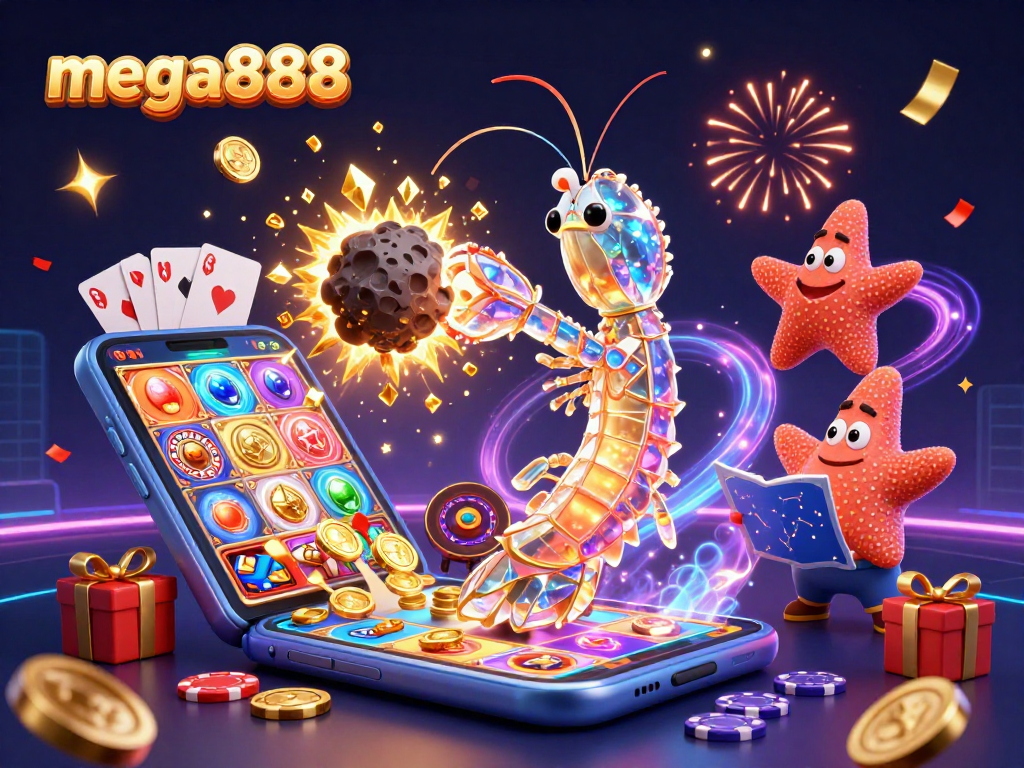 Mega888 menyajikan mantis ular samurai 3D beraksi dalam perjudian bertema kasino dengan chips dan slot permainan.