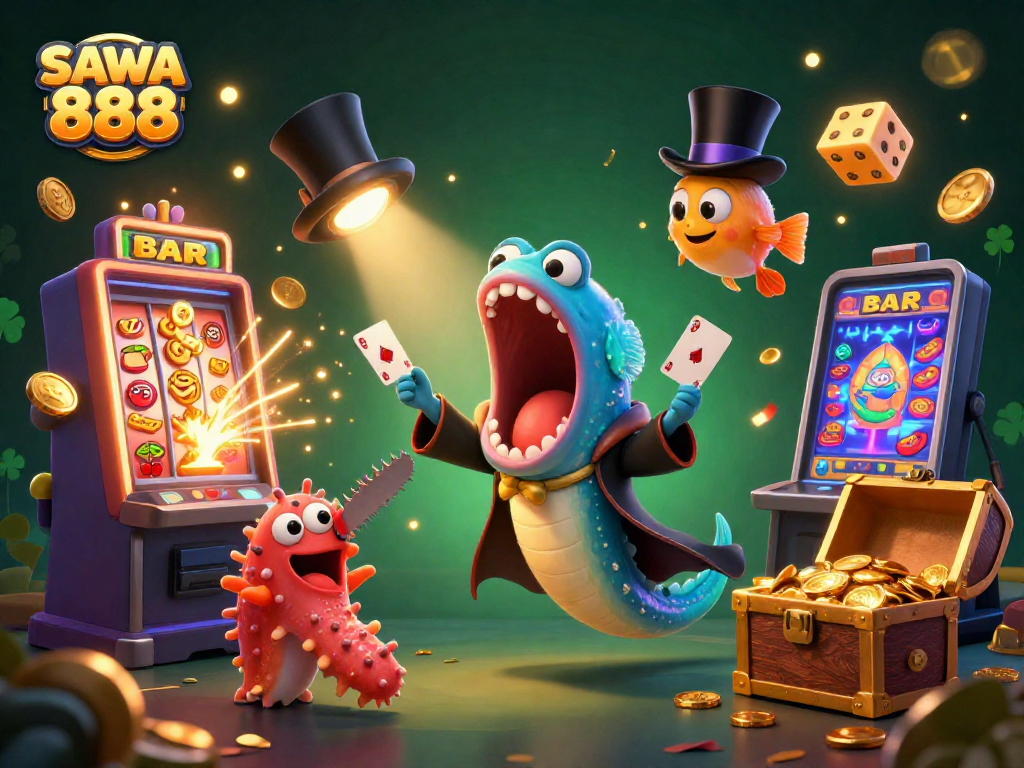 Experience the thrilling magic of SAWA 888 with a vibrant 3D casino scene showcasing captivating characters and exciting games.