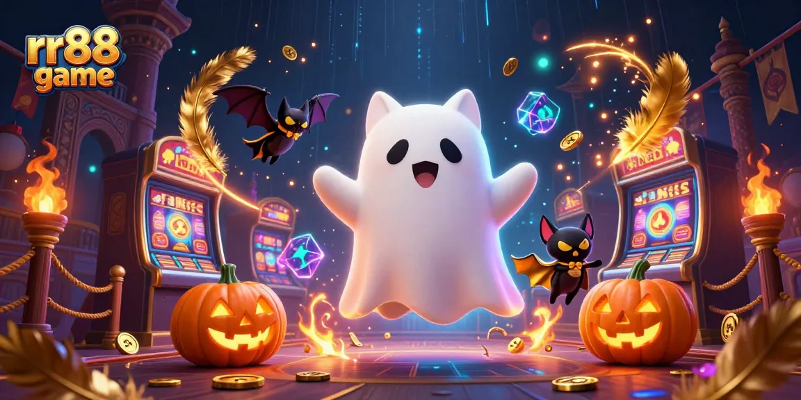 Experience the thrilling rr88 game with a friendly ghost cat in a haunted casino setting.