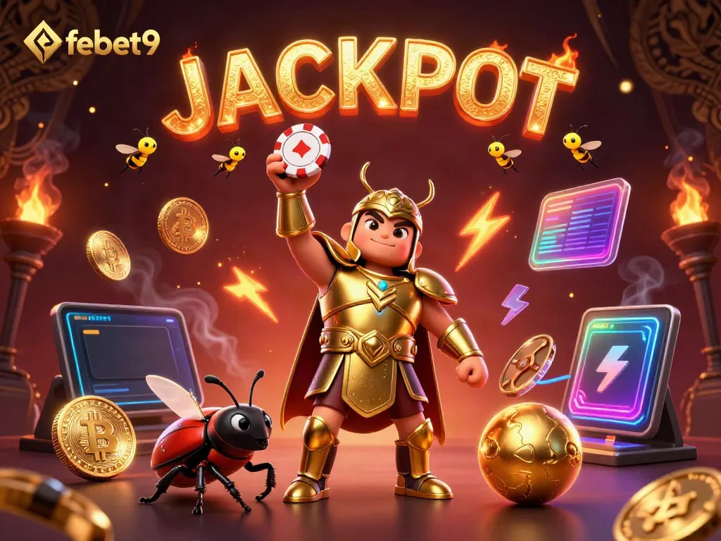 Win big with febet9 as a victorious hero beetle lifts a poker chip amidst a vibrant casino scene.