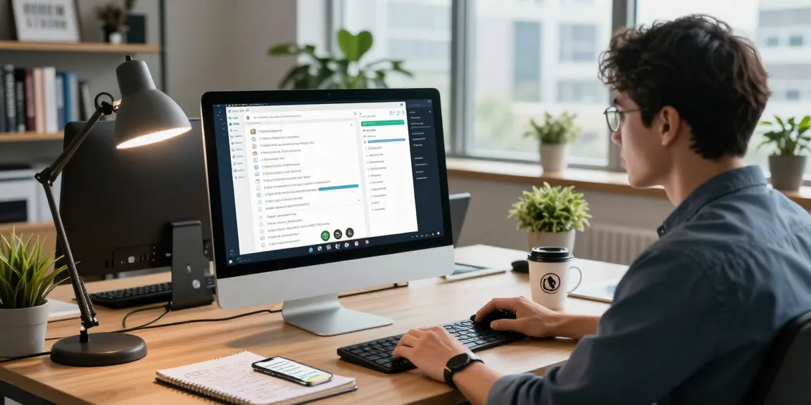 Young professional using WhatsApp電腦版 for video calls in a modern office.