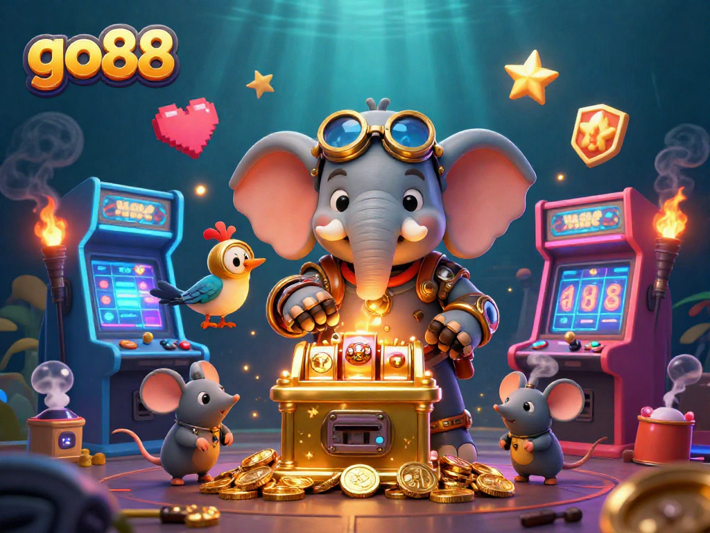 Spin the golden slot machine with go88's colorful gaming characters in a vibrant casino scene.