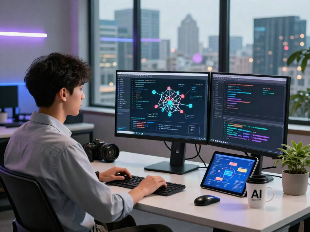 Innovative developer working on spicy AI applications in a dynamic tech workspace