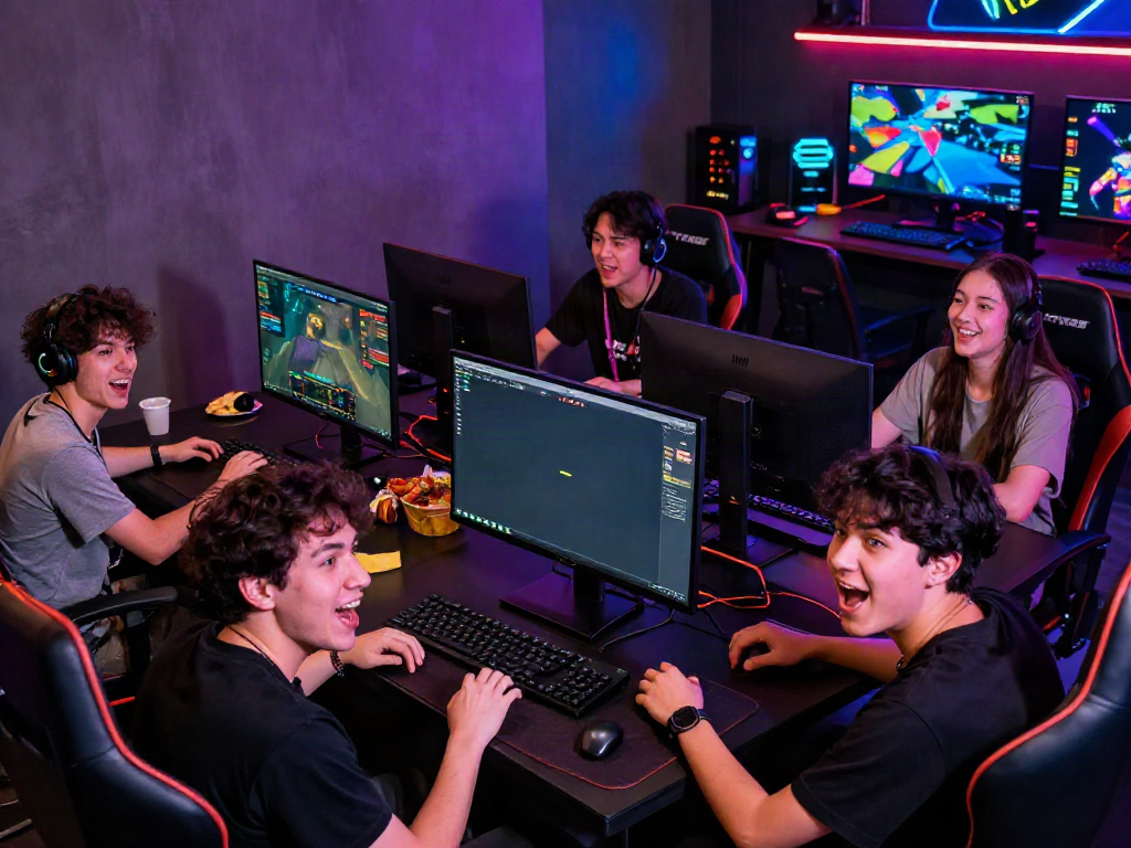 Excited friends watching esports on TX88, vibrant gaming atmosphere, LED lights.