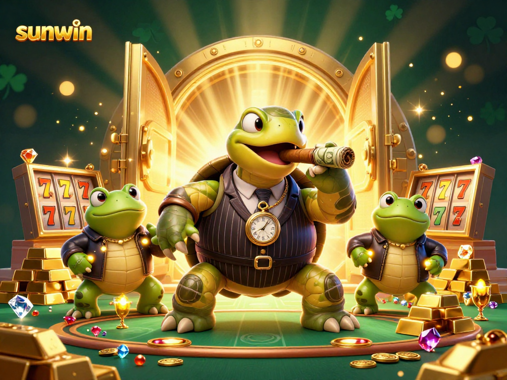 Engage in the excitement of sunwin with a rich 3D illustration of a cartoon turtle and bullfrogs in a vibrant casino setting.