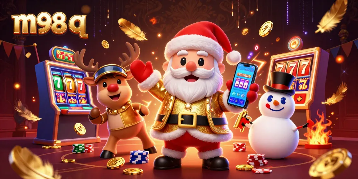 Engage with m98 q in a lively casino scene featuring Santa, a reindeer dealer, and a poker chip snowman.