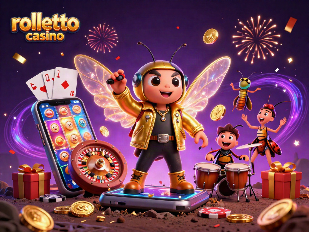 Celebrate wins at rolletto casino with vibrant 3D rock star and dynamic slot game icons.