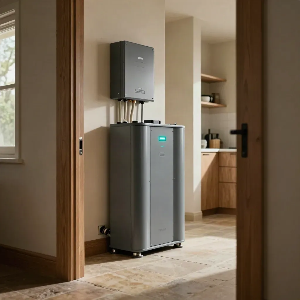 Home battery storage system in a modern utility room with soft daylight and teal indicator lights.
