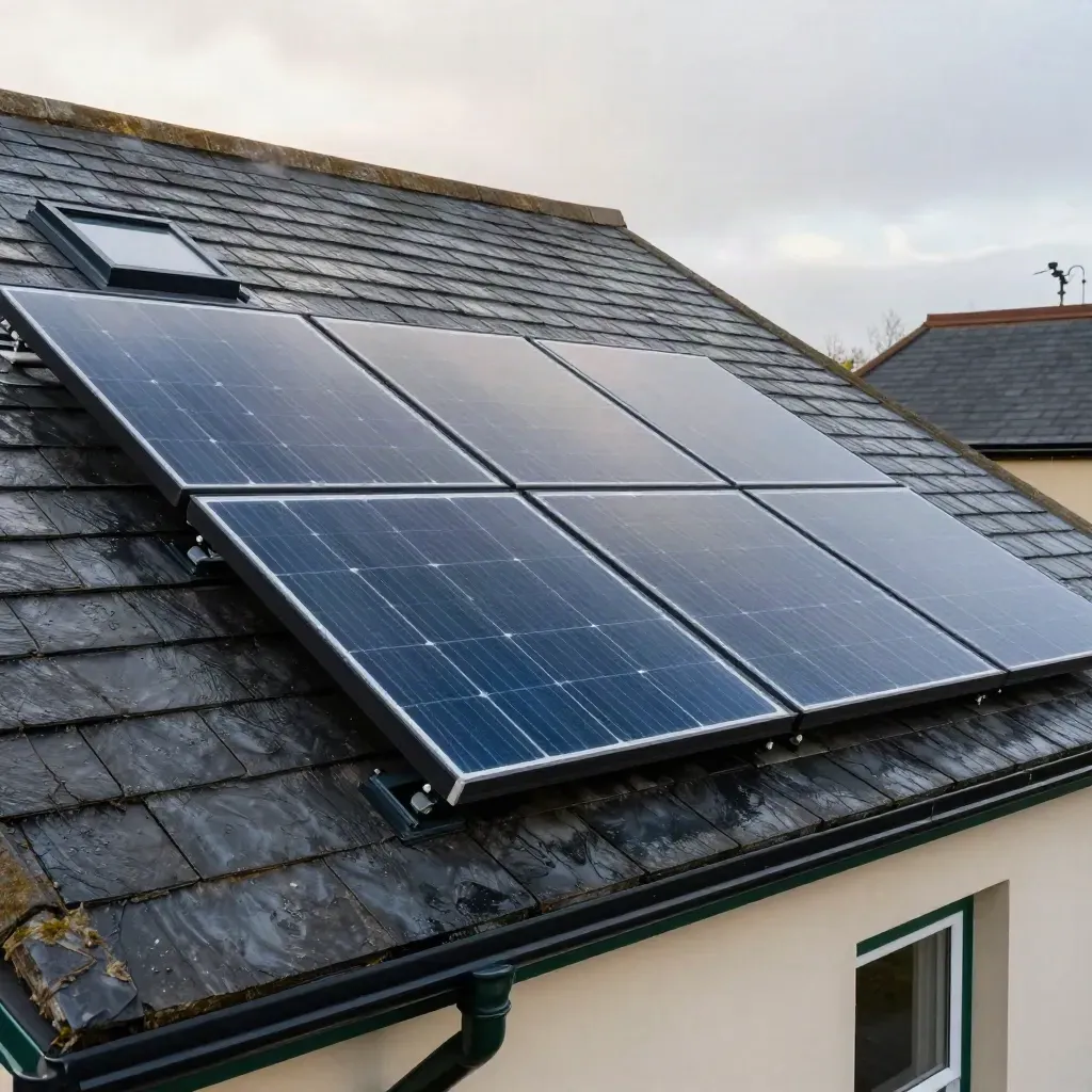 Solar PV array on a Victorian slate roof with inverter and loft vent under a late-morning cloudbreak.