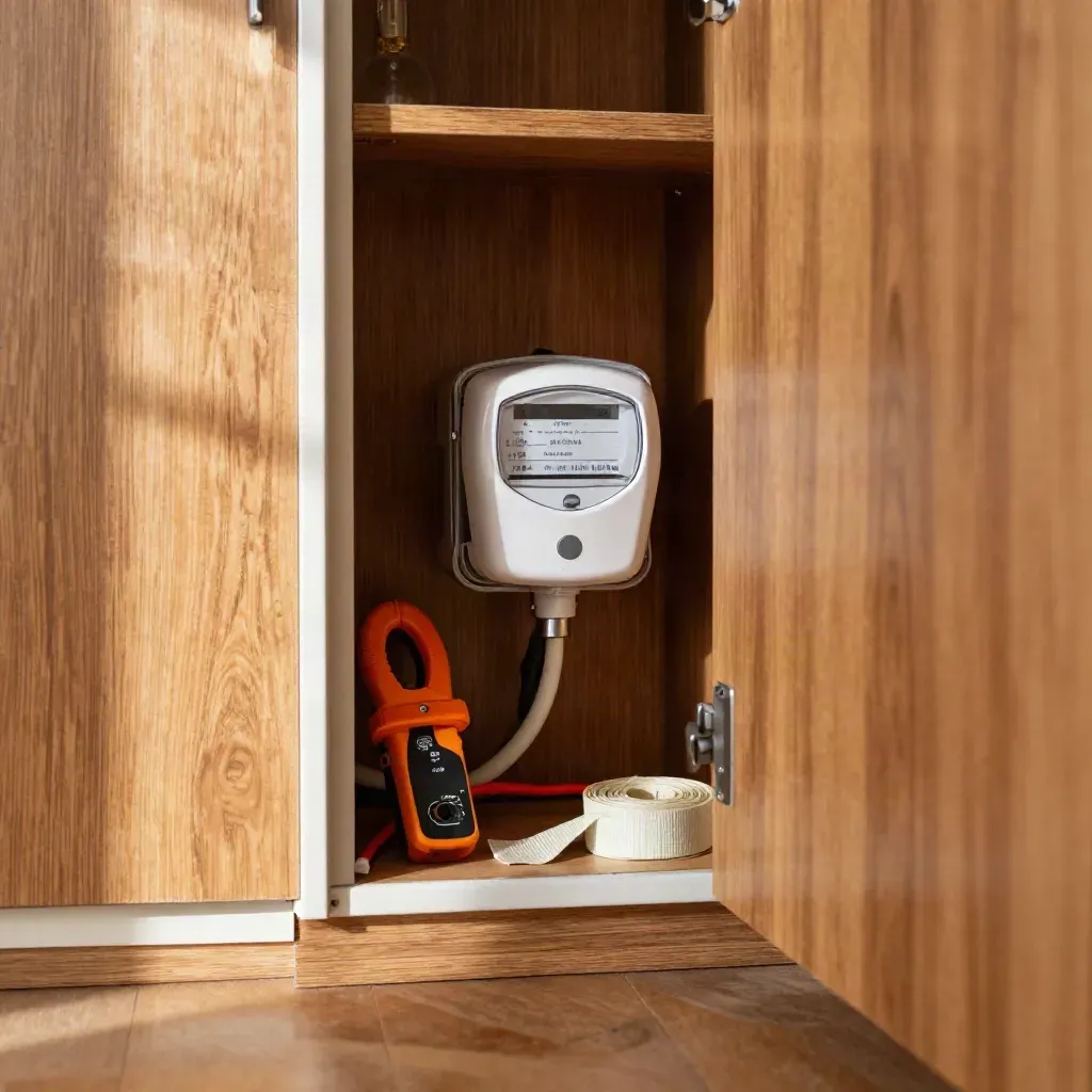 Open utility cupboard with smart meter, clamp meter, thermal camera and draught strips in warm afternoon light.