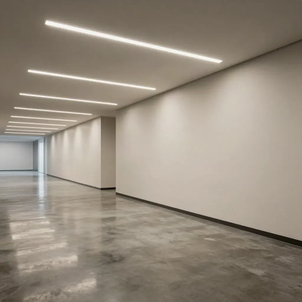 Empty office corridor lit by new LED strips, bright pools of light on polished concrete.