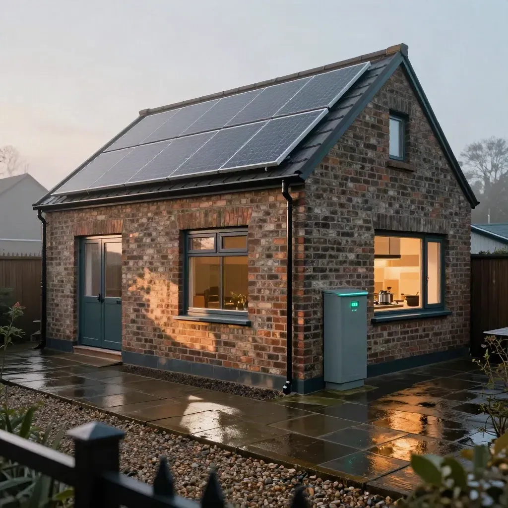 Terrace house at dusk with solar panels, battery cabinet, and warm kitchen light on wet paving.