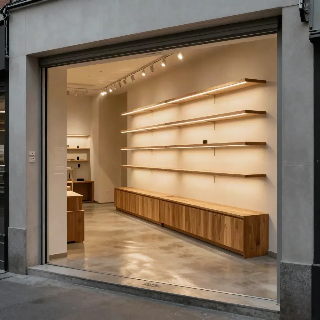 Empty shop interior with new LED tracks, glowing shelves and a reflective floor at closing time.
