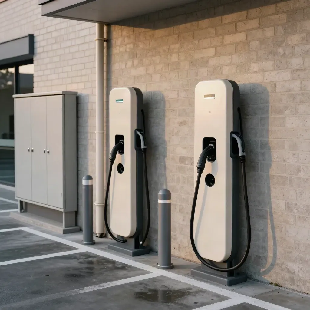 Two wall EV chargers ready in an office car park at dusk, leads docked beside painted bays.