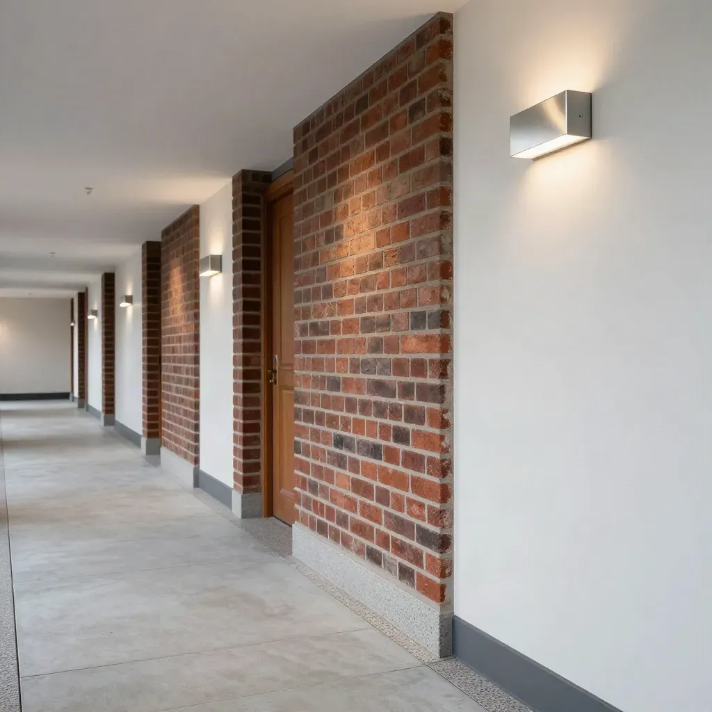 Empty brick-block corridor with new LED bulkheads and soft even light.