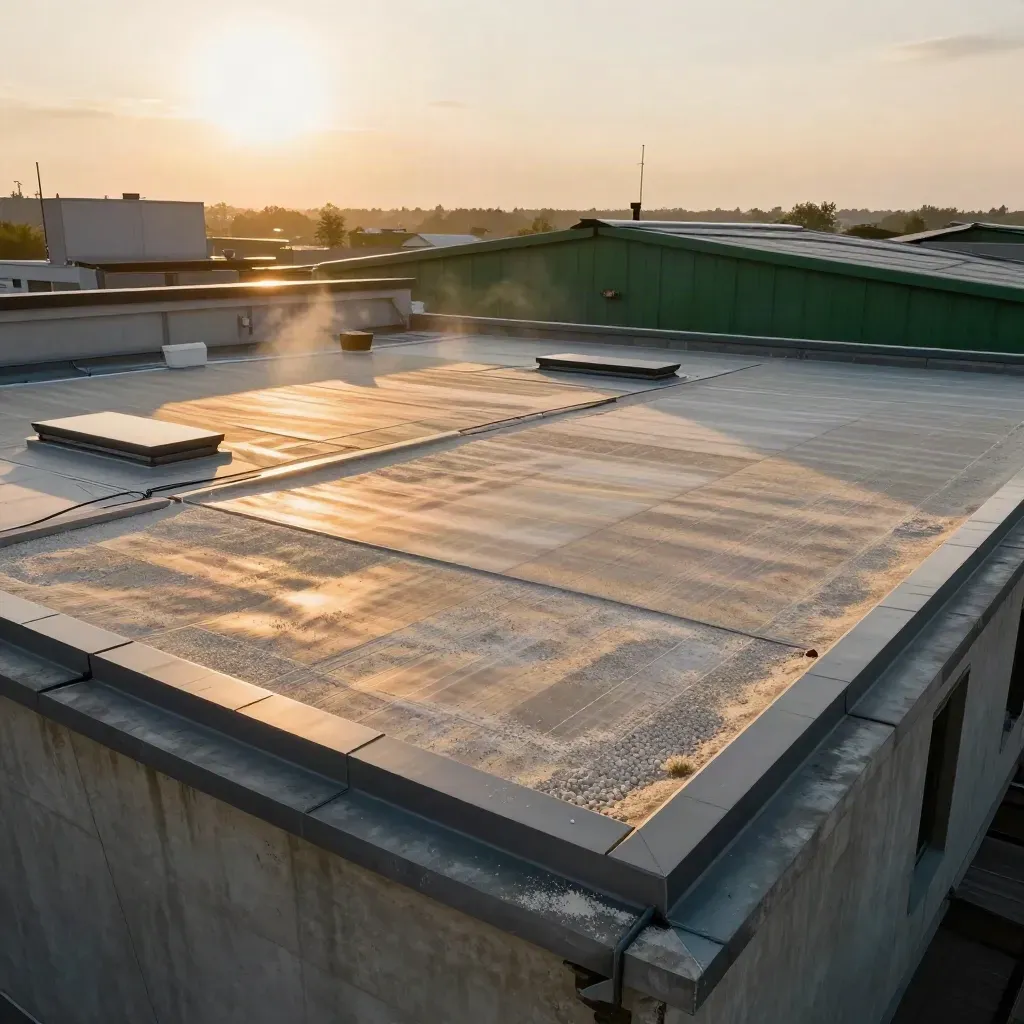 Bakery roof prepared for solar panels in warm late-afternoon light