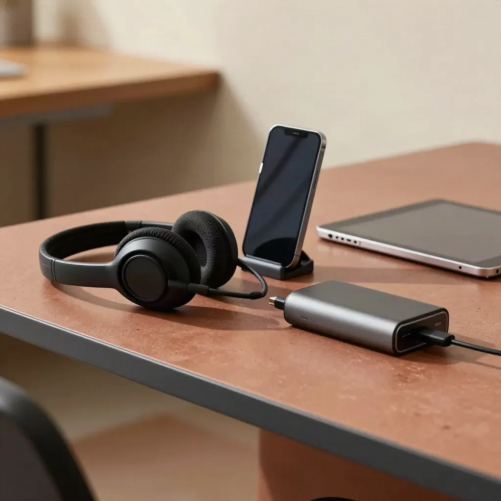 Macro office still life of a headset, phone dock, power bank and tablet cradle on a terracotta desk.