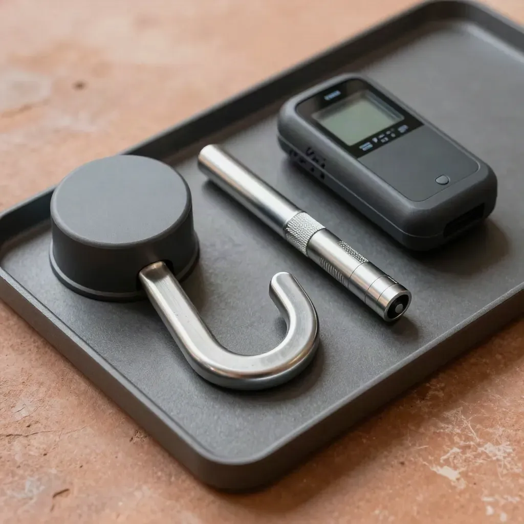 Overhead flatlay of roof hook, smart meter puck, inspection torch and thermal device on charcoal tray.