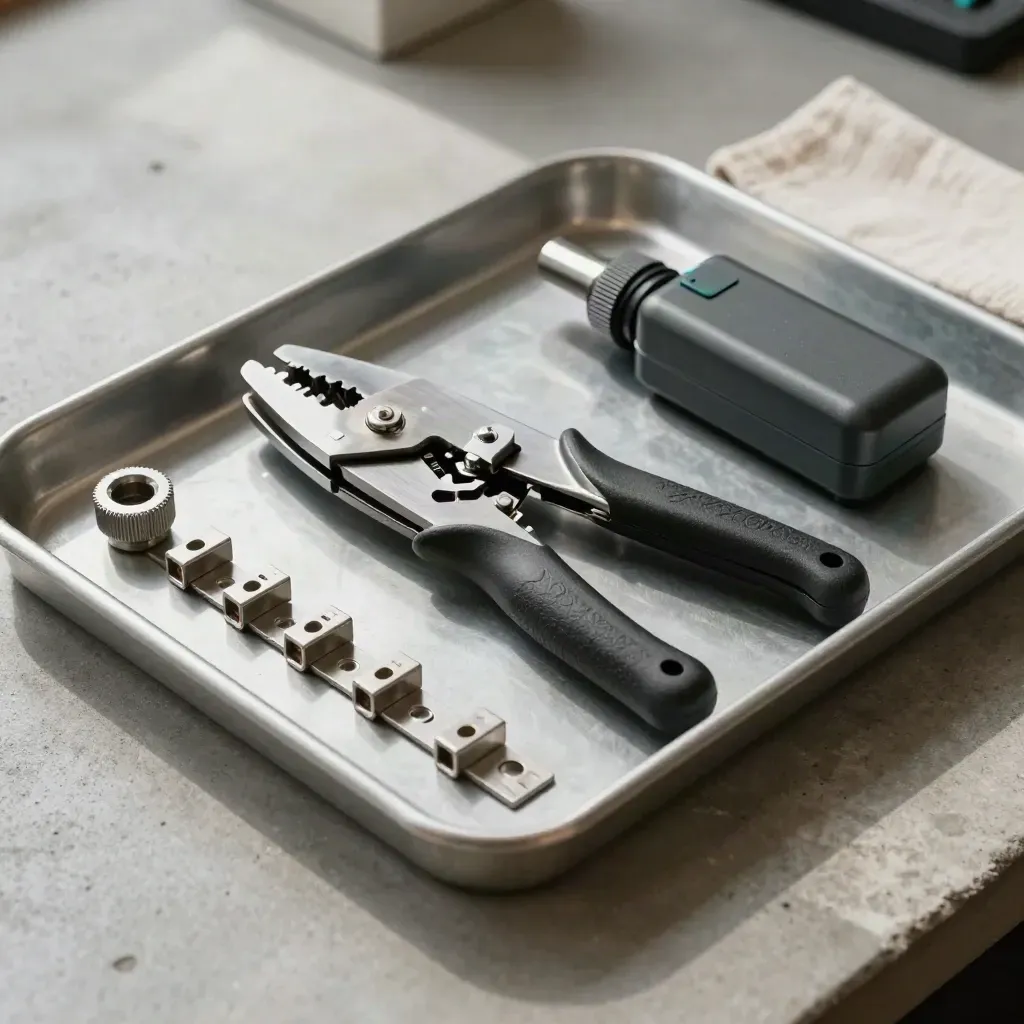 Crimp tool, battery module, cable glands and DIN rail clips on a pale metal tray