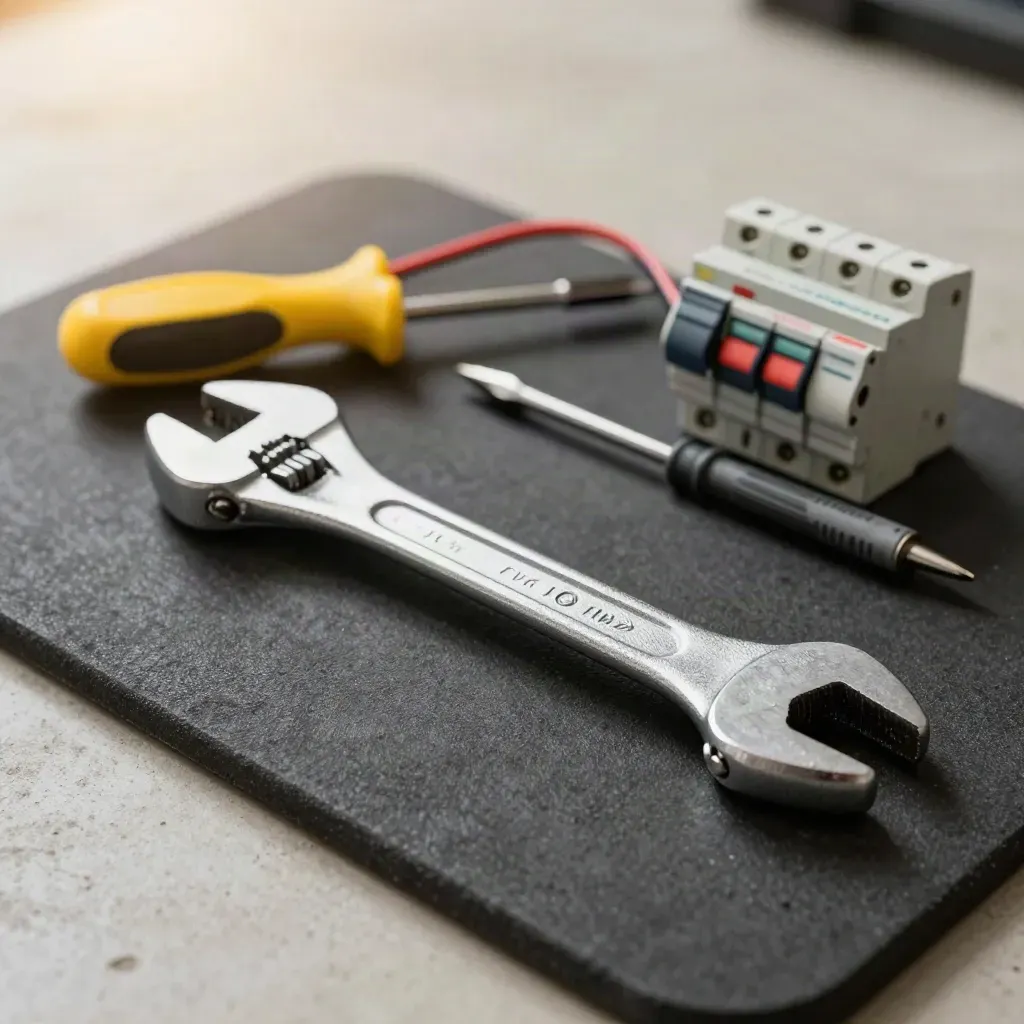 Torque wrench and electrical test tools aligned on a rubber mat in soft workshop light.