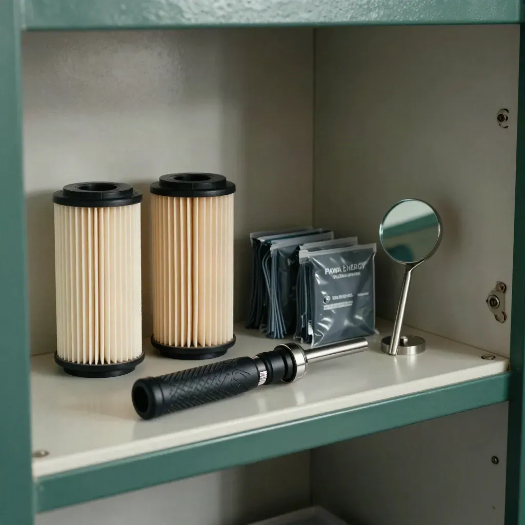 Service filters, torch, fuse pack and inspection mirror arranged on a steel shelf in soft side light.