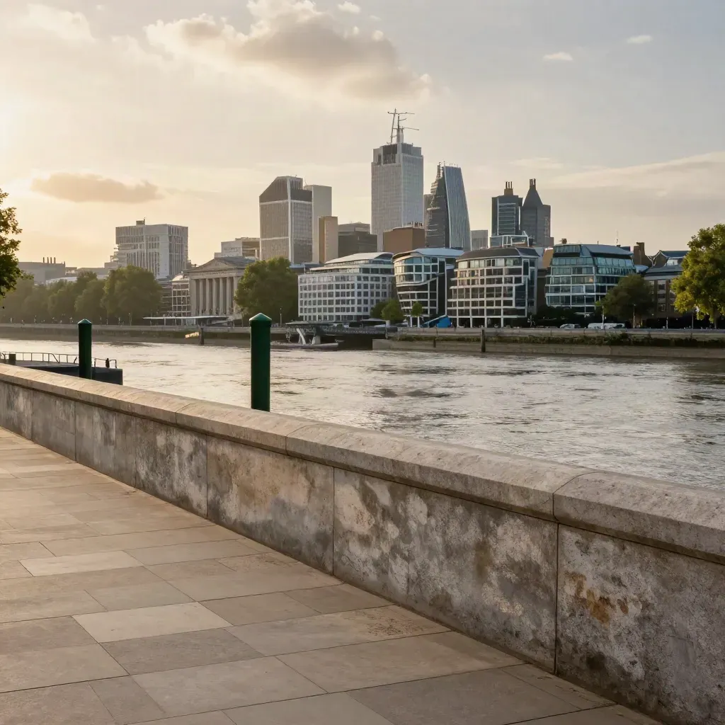 Hazy Greater London skyline above a pale stone riverside terrace and calm river bend at sunset.