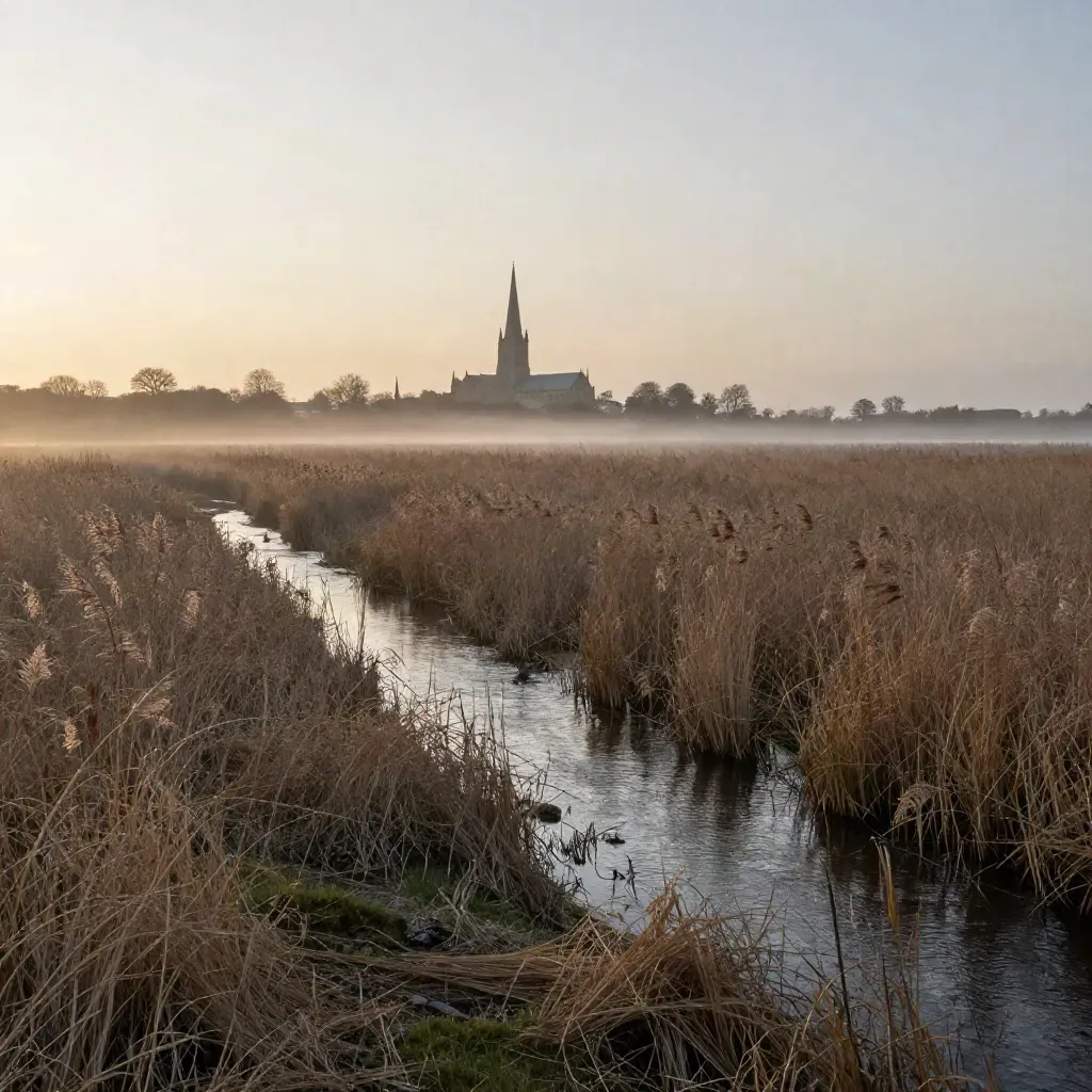 Misty East of England fen fields with cathedral silhouette and silver drainage waterway at dusk