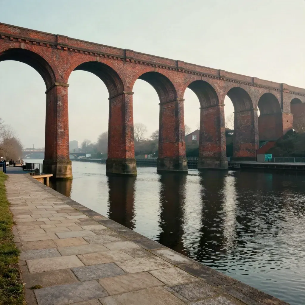 West Midlands viaducts over still canal water in warm haze.