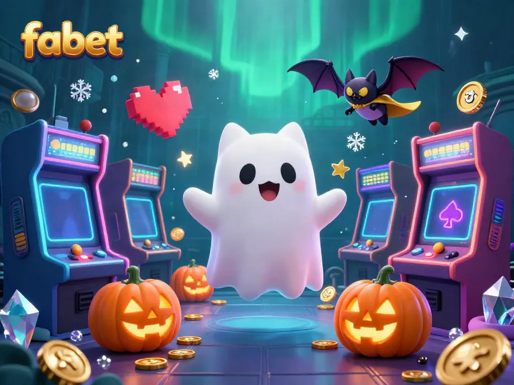 Experience vibrant gameplay with Fabet's ghost cat and bat in a lively casino scene.