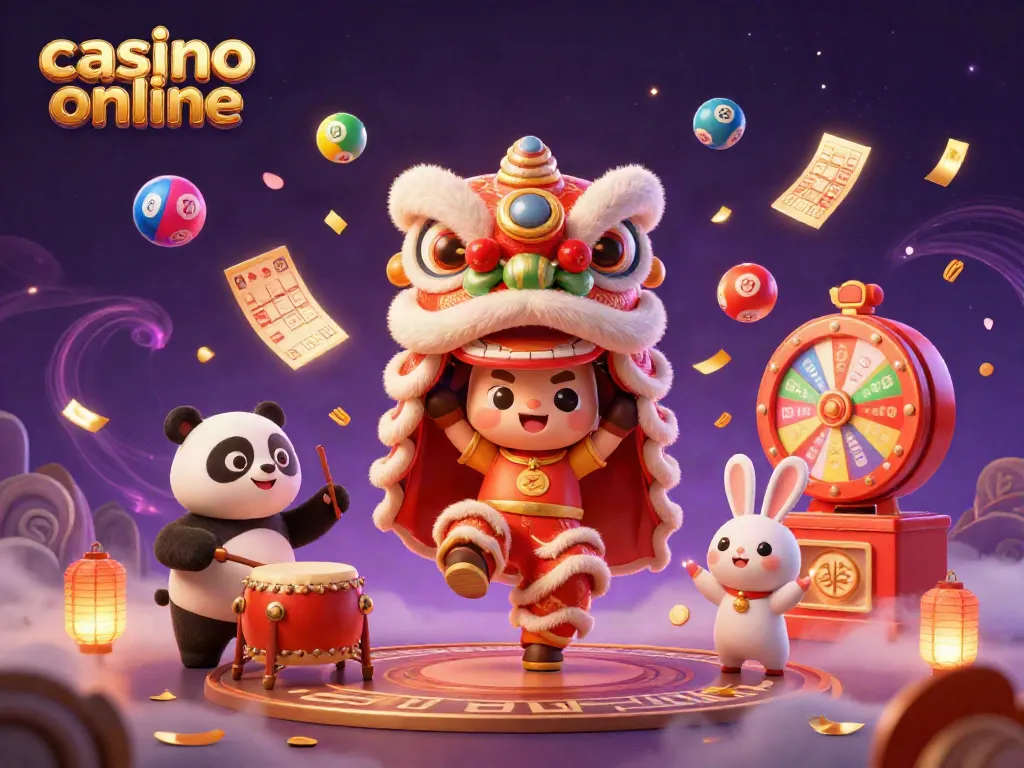 Experience vibrant casino online fun with a lion dance, gaming elements, and festive characters.