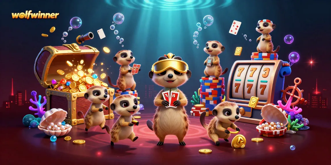 wolfwinner showcases meerkats managing a vibrant casino, featuring colorful elements like slot machines.