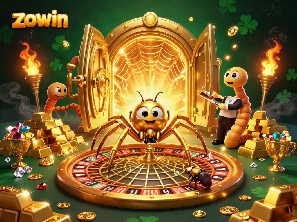 Engage in thrilling bets at Zowin's roulette scene with a golden spider, nervously placid fly, and dynamic centipede croupier.
