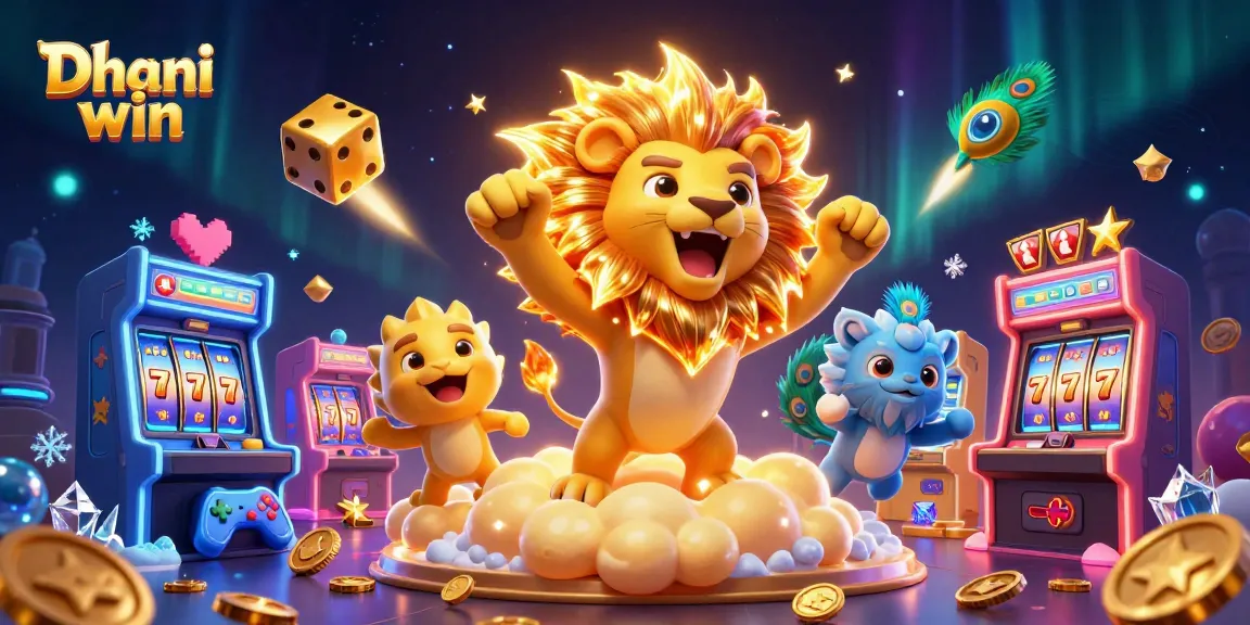 Dhani win lifts gameplay excitement with thrilling 3D illustration showcasing vibrant casino elements and characters.