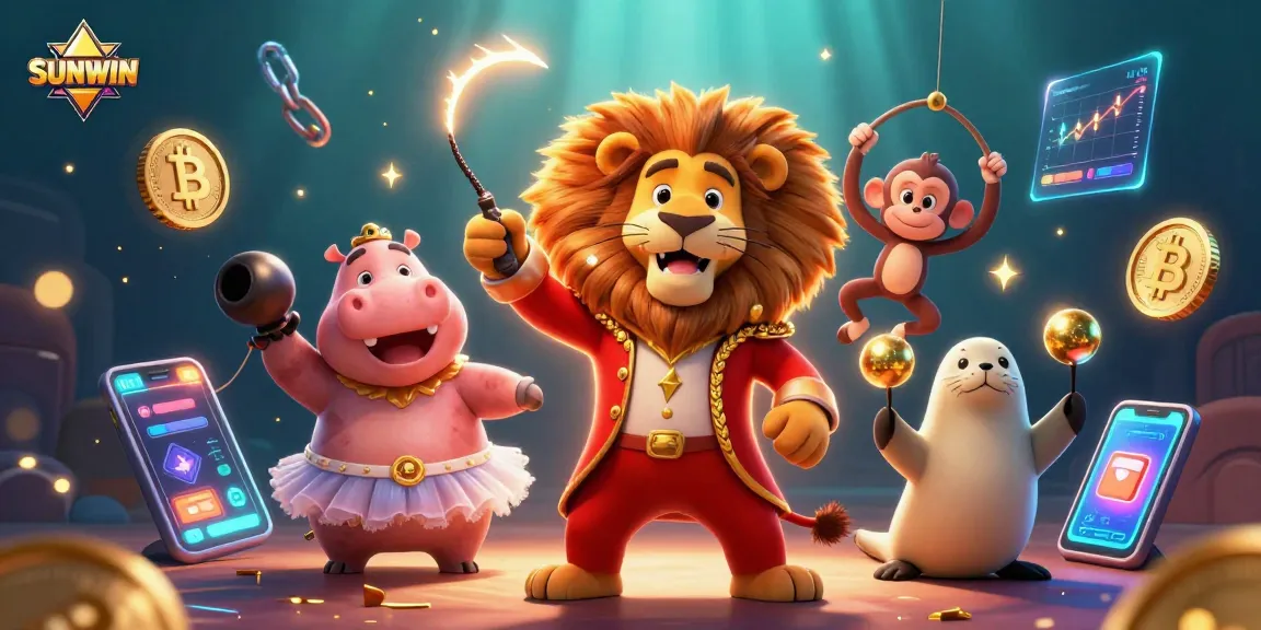 SUNWIN players enjoying vibrant casino themed fun with a lively circus, featuring iconic game elements and characters.