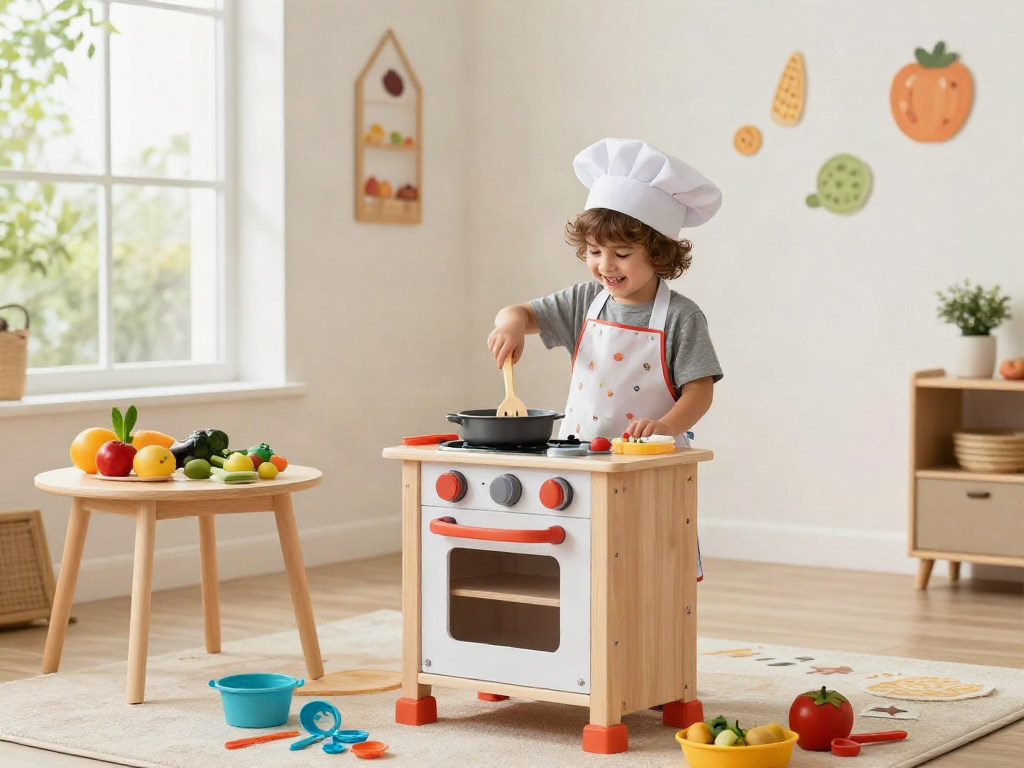 Child playing with a kids kitchen set, stirring pretend food while wearing a chef's hat and apron.