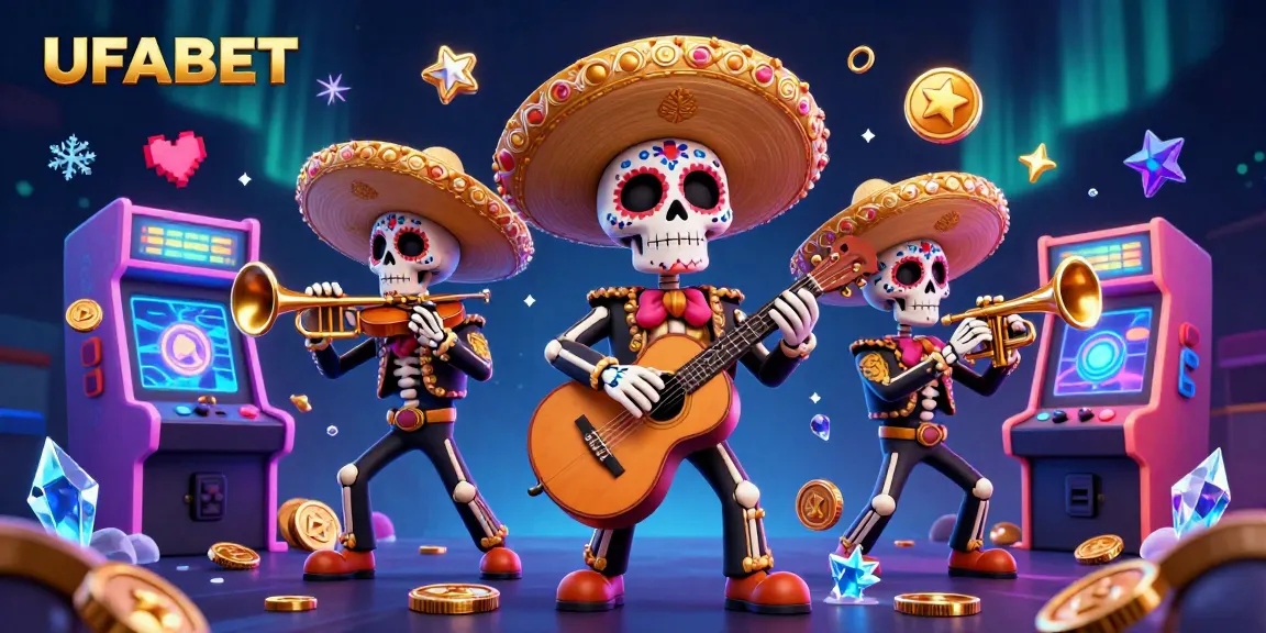 Win big at UFABET with a vibrant 3D casino illustration featuring a mariachi band and arcade games.