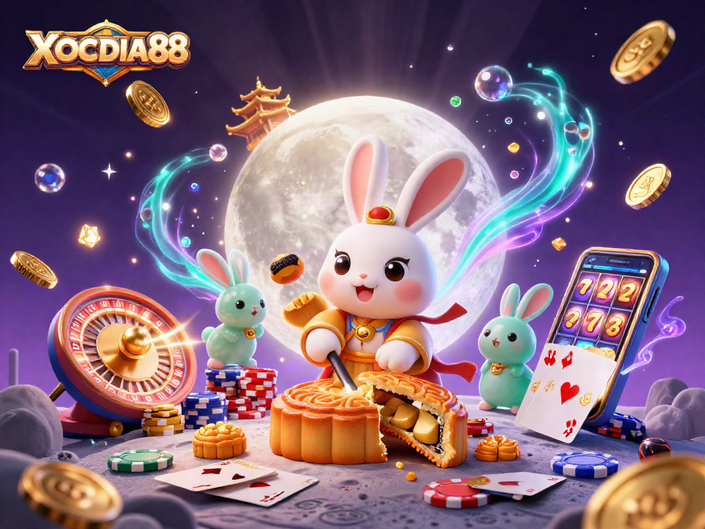 Win big with XOCDIA88 in this vibrant, dynamic casino-themed illustration featuring exciting game elements.