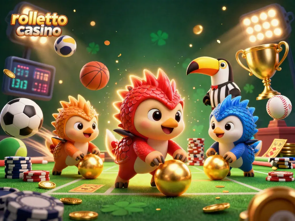 rolletto casino showcases a dynamic scene with competitive pangolins bowling through poker chips, infused with vibrant sports elements.