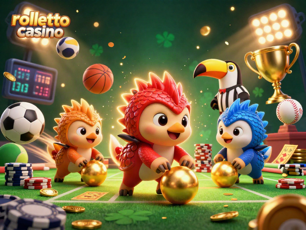rolletto casino showcases a dynamic scene with competitive pangolins bowling through poker chips, infused with vibrant sports elements.