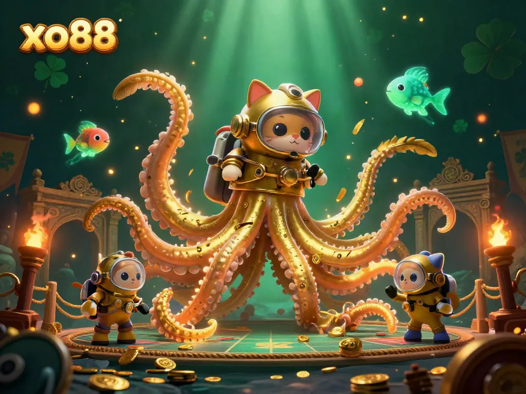 Experience thrilling gameplay with xo88 featuring a colossal kraken and vibrant underwater elements.